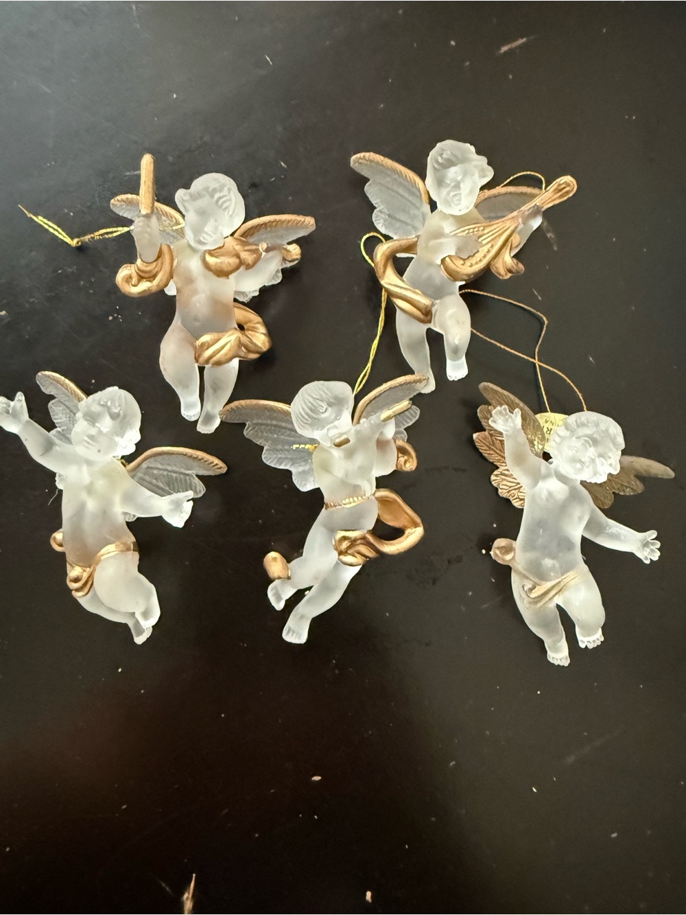 Vintage Lot of 5 Frosted Angels Playing a Violin Gold Trim Christmas Ornament